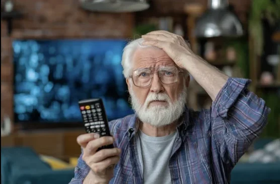 An older man holding a TV remote, looking puzzled